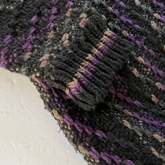 Vintage Chunky Hand Knit Striped Cardigan Sweater Black Purple Grandpa L Preppy - Picture 9 of 11